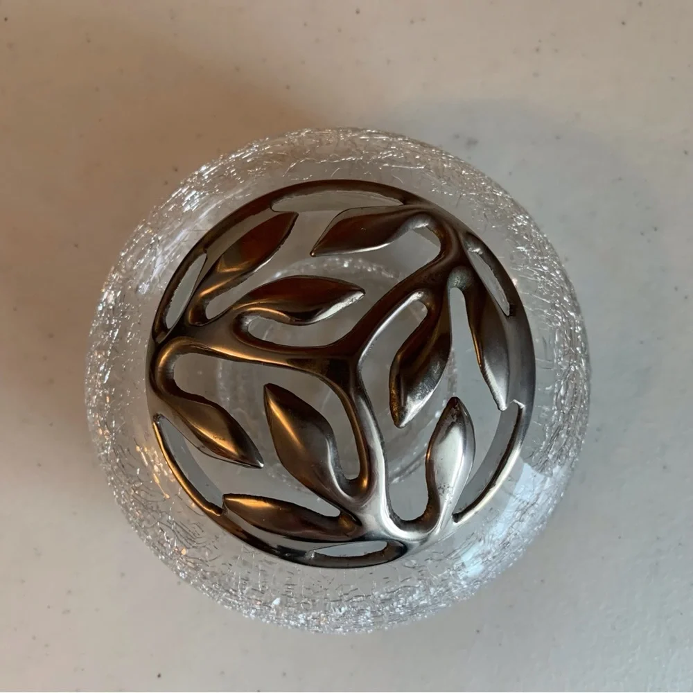 Vintage Pier 1 Clear Crackle Glass Bowl Vase With  Silver Tone Pewter Lid - Picture 6 of 8